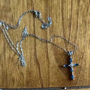 14k White Gold and Natural Blue Sapphire Cross Pendant Necklace